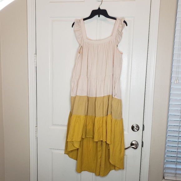Moodie Hi-Low pocketed sun dress with ruffle detail, yellow and white, size med. - Picture 2 of 7